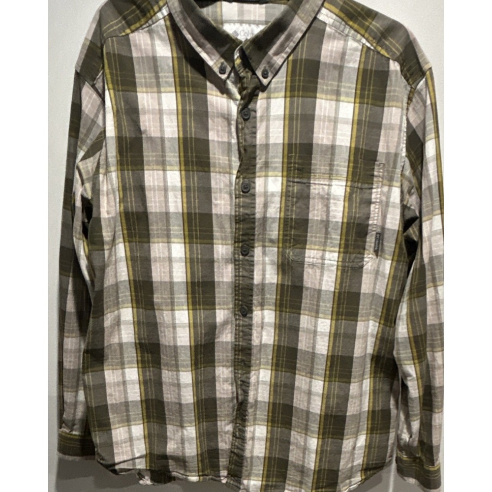 Columbia Classic Fit Plaid Cotton Button-Down Shirt Green Gray Men's XL